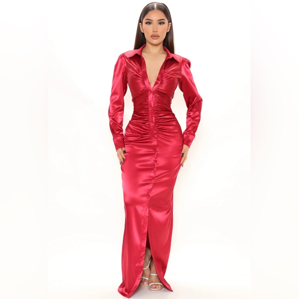Fashion Nova Send Your Location Satin Maxi Shirt Dress -Burgundy XL